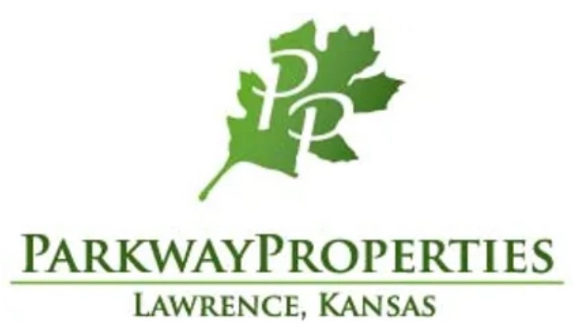 A green leaf with PP spelled in negative space above the words Parkway Properties, Lawrence, Kansas in matching green font, all over a white background.